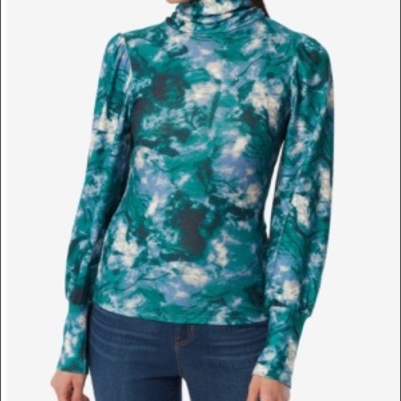 Anne Klein Top Sweater Mock Neck Puff Sleeve Alpine Green Print Deepwater Large - Picture 1 of 7